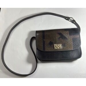 Emanuelli Vintage Black Leather Geometric Abstract Crossbody Bag Italy